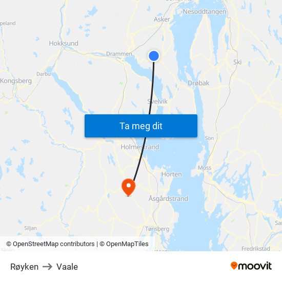 Røyken to Vaale map