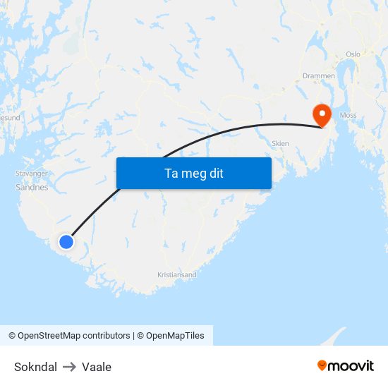 Sokndal to Vaale map