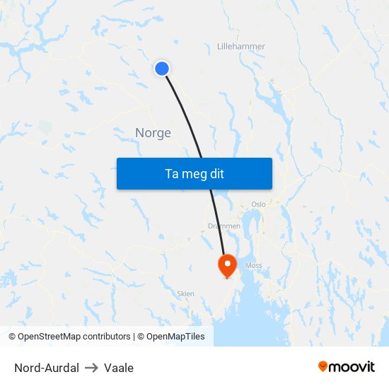 Nord-Aurdal to Vaale map