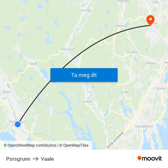 Porsgrunn to Vaale map