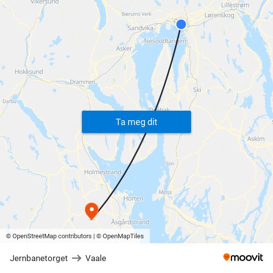 Jernbanetorget to Vaale map