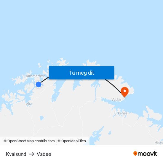 Kvalsund to Vadsø map