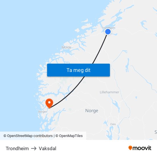 Trondheim to Vaksdal map