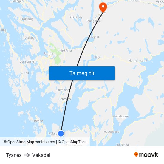 Tysnes to Vaksdal map