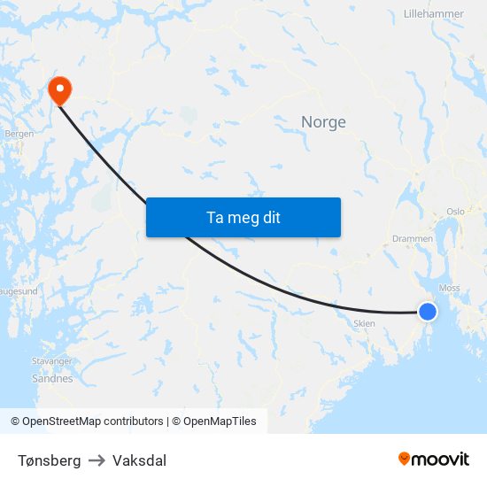 Tønsberg to Vaksdal map