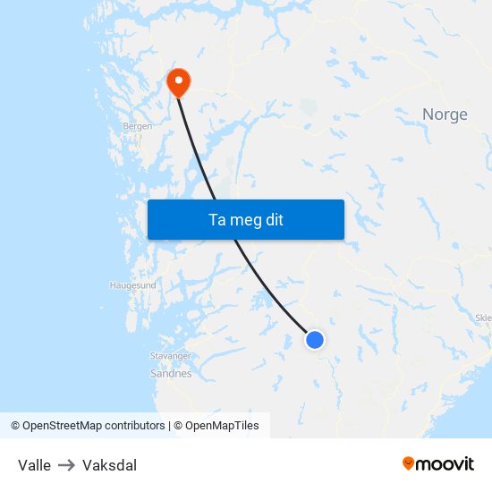 Valle to Vaksdal map