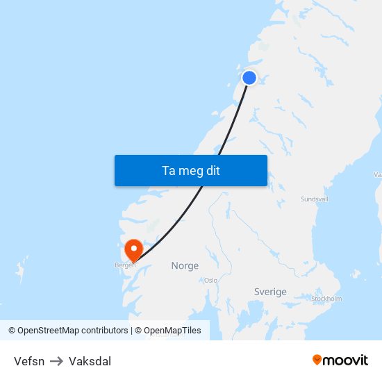 Vefsn to Vaksdal map