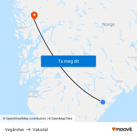 Vegårshei to Vaksdal map