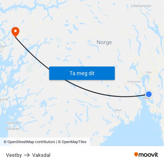 Vestby to Vaksdal map