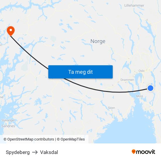 Spydeberg to Vaksdal map
