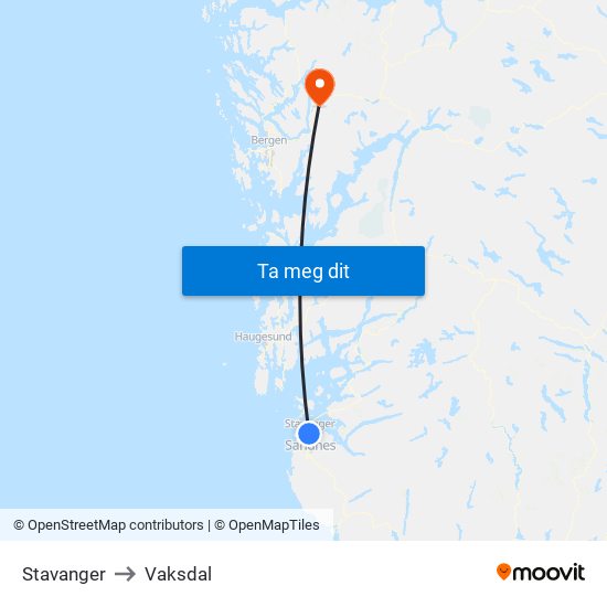 Stavanger to Vaksdal map