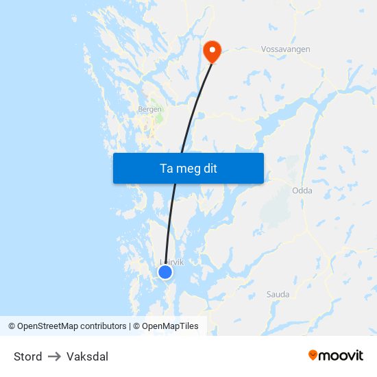 Stord to Vaksdal map