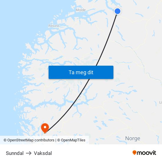 Sunndal to Vaksdal map