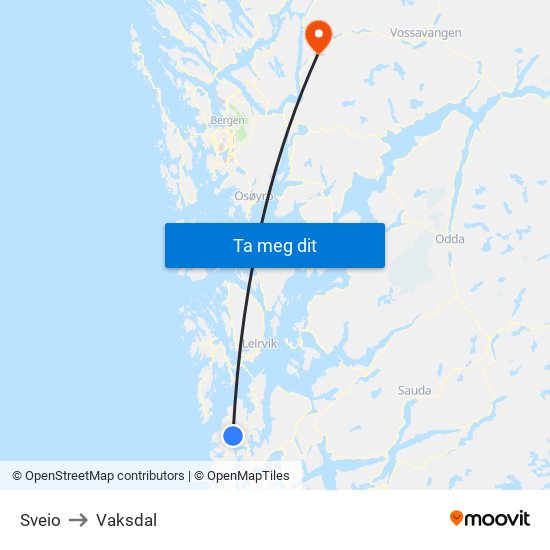 Sveio to Vaksdal map