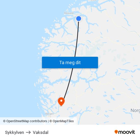 Sykkylven to Vaksdal map