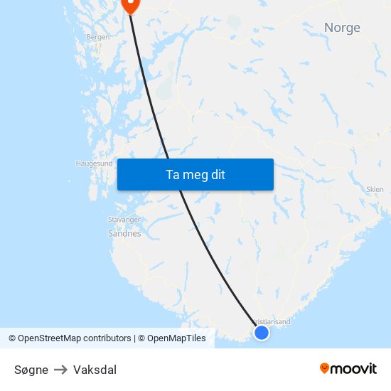 Søgne to Vaksdal map