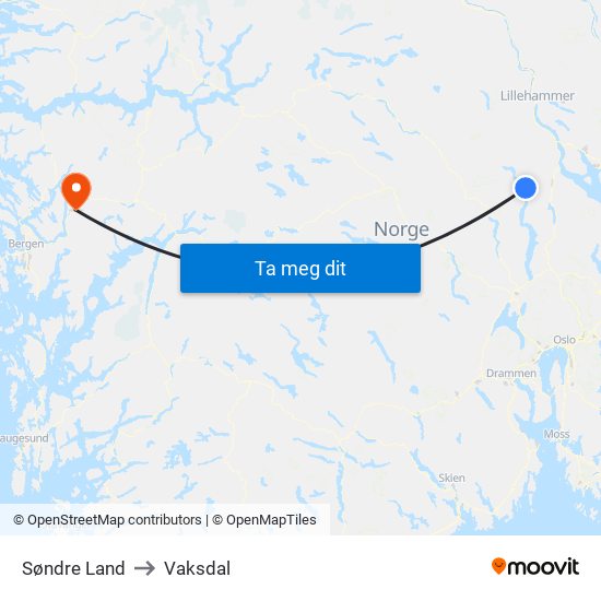Søndre Land to Vaksdal map