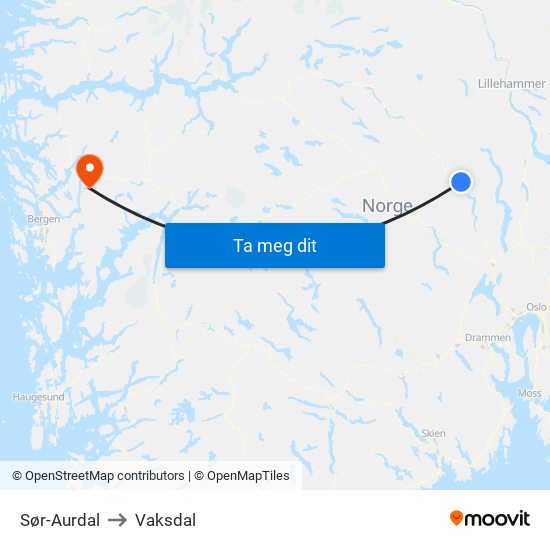 Sør-Aurdal to Vaksdal map