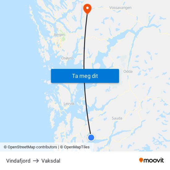 Vindafjord to Vaksdal map