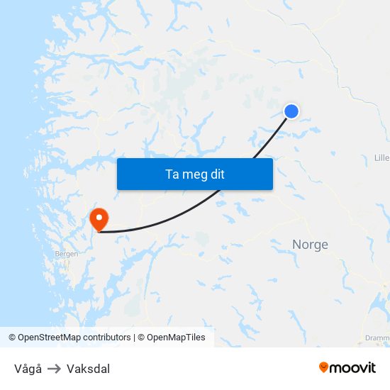 Vågå to Vaksdal map