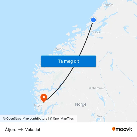Åfjord to Vaksdal map