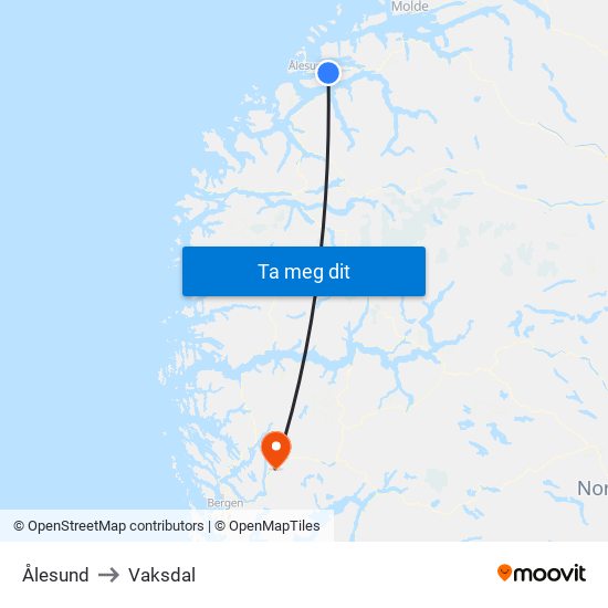 Ålesund to Vaksdal map
