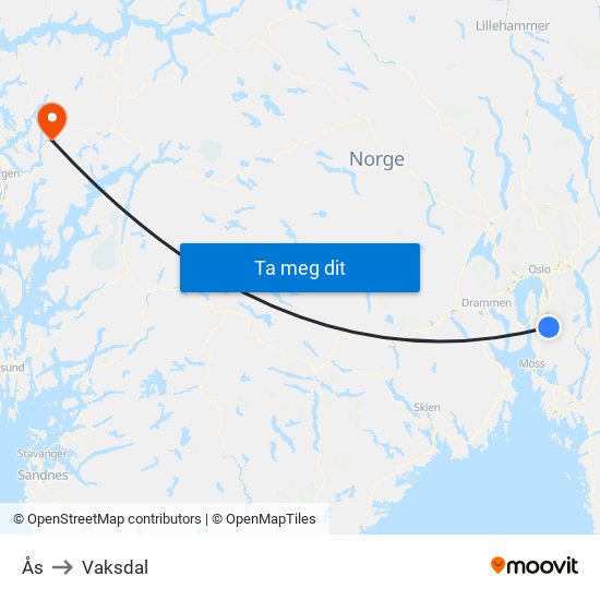 Ås to Vaksdal map