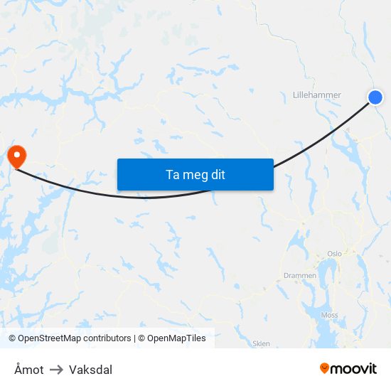 Åmot to Vaksdal map