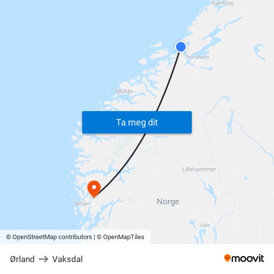 Ørland to Vaksdal map