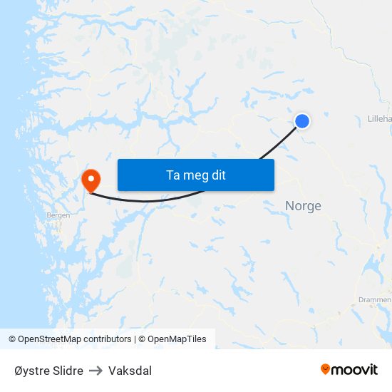 Øystre Slidre to Vaksdal map