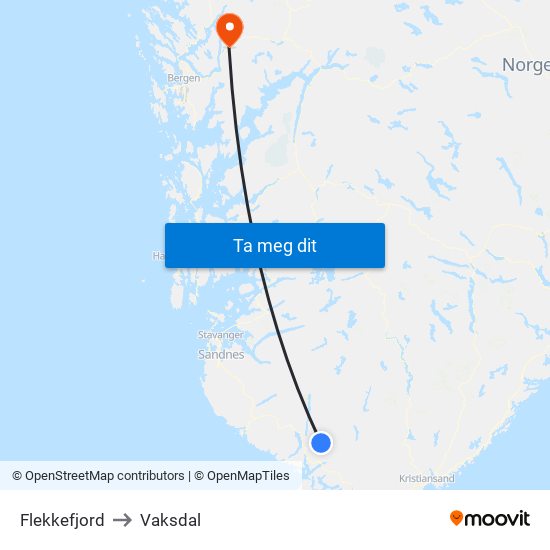 Flekkefjord to Vaksdal map