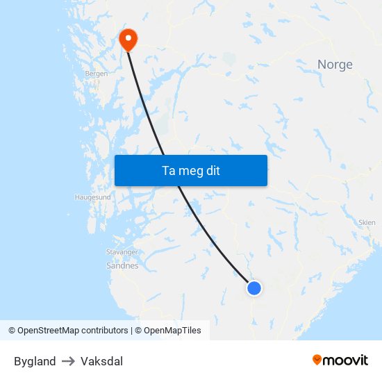 Bygland to Vaksdal map