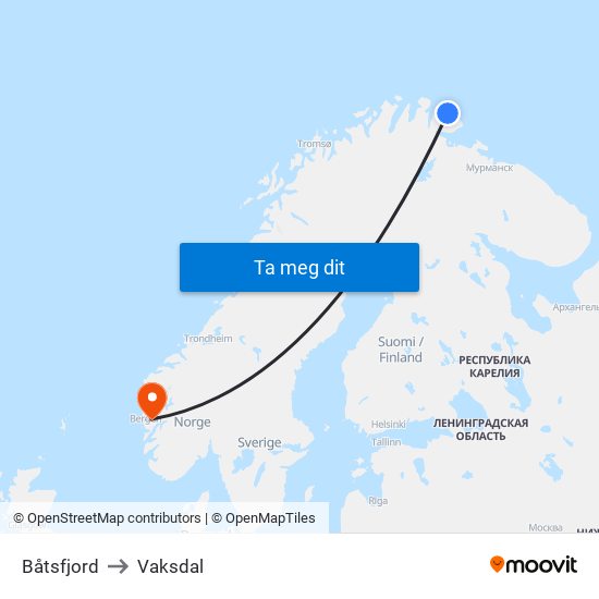 Båtsfjord to Vaksdal map