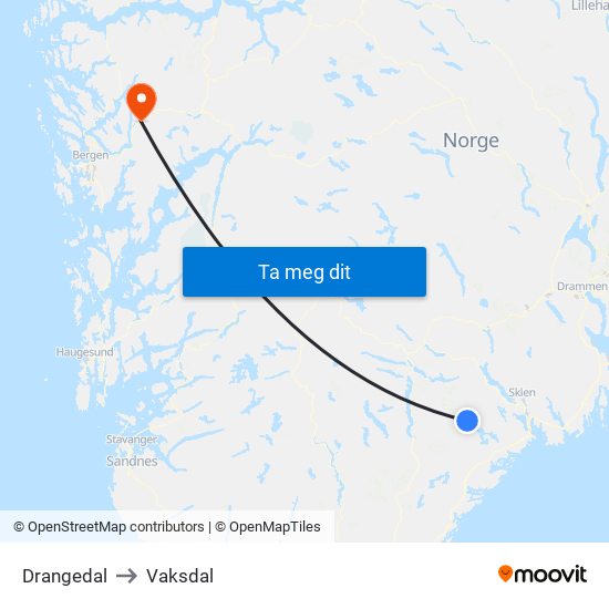 Drangedal to Vaksdal map