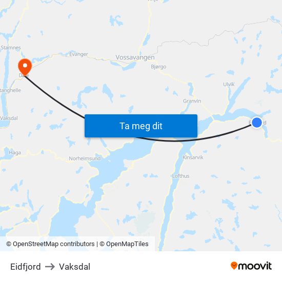 Eidfjord to Vaksdal map