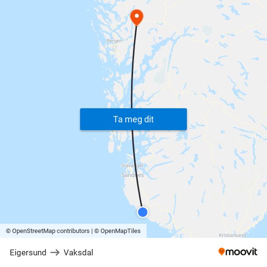 Eigersund to Vaksdal map