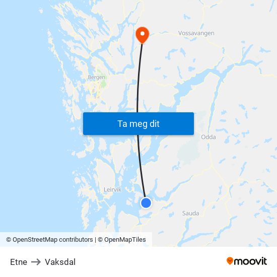 Etne to Vaksdal map