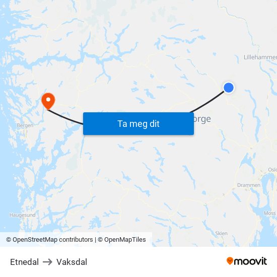 Etnedal to Vaksdal map