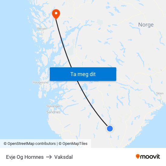 Evje Og Hornnes to Vaksdal map