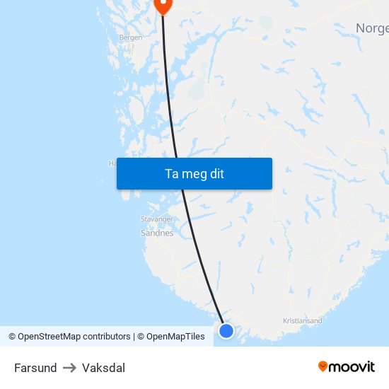 Farsund to Vaksdal map