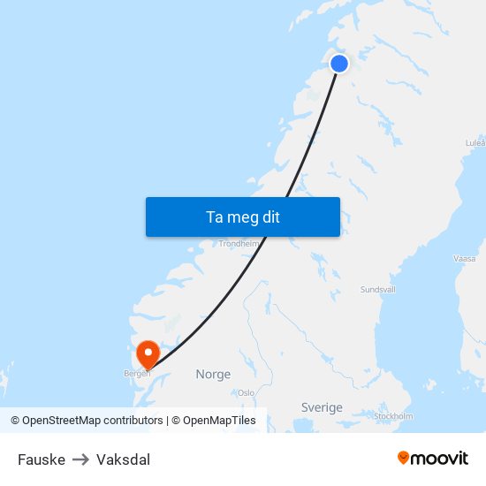 Fauske to Vaksdal map