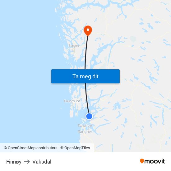 Finnøy to Vaksdal map