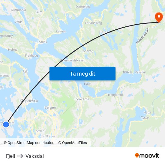 Fjell to Vaksdal map