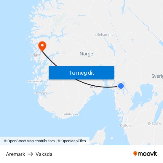 Aremark to Vaksdal map