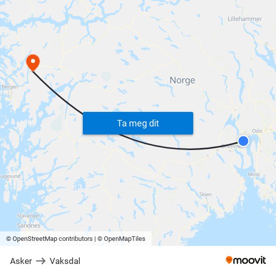 Asker to Vaksdal map