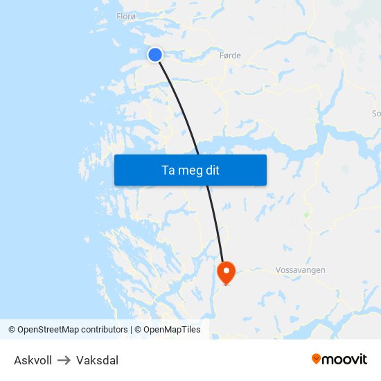 Askvoll to Vaksdal map