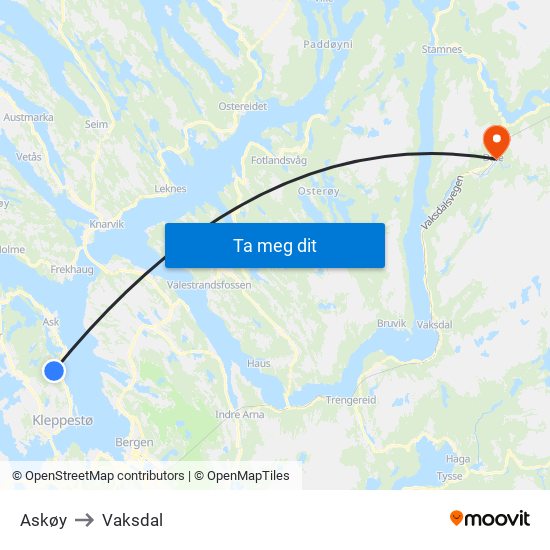 Askøy to Vaksdal map
