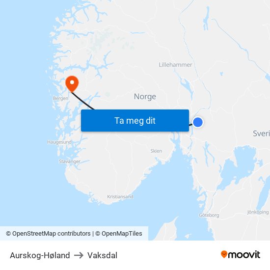 Aurskog-Høland to Vaksdal map