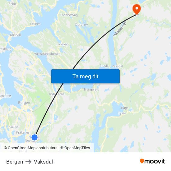 Bergen to Vaksdal map