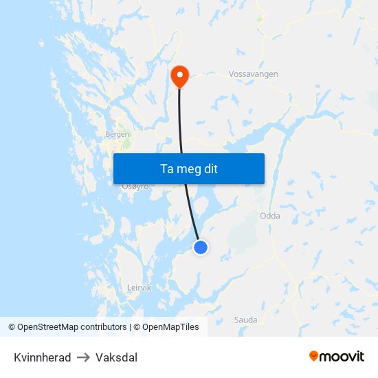 Kvinnherad to Vaksdal map